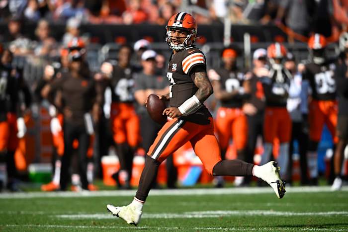 Oct 1, 2023; Cleveland, Ohio, USA; Cleveland Browns quarterback Dorian Thompson-Robinson (17) looks to pass in the fourth quarter against the Baltimore Ravens at Cleveland Browns Stadium. Mandatory Credit: David Richard-USA TODAY Sports